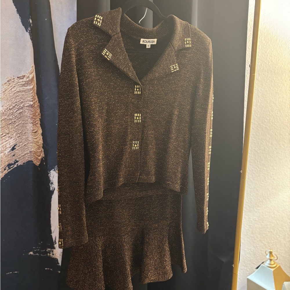 Brown Knit Skirt Suit with Gold Accents